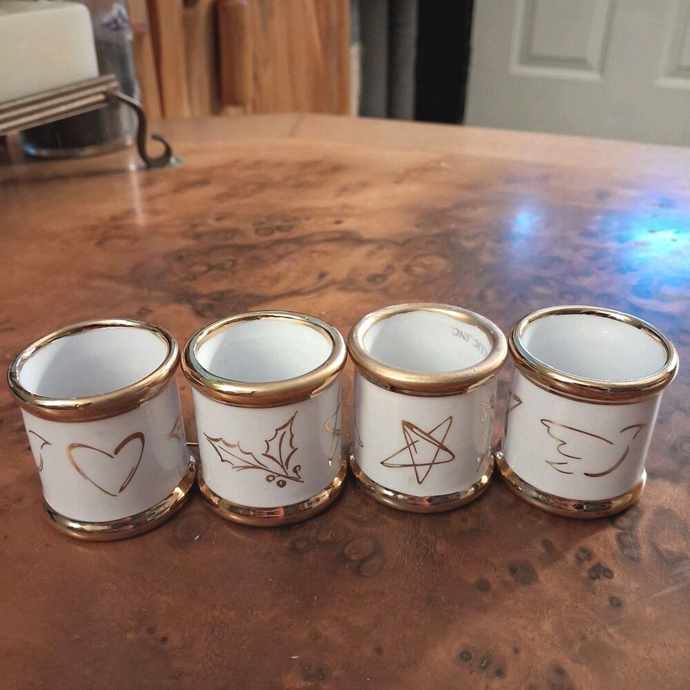 vintage hallmark porcelain napkin rings set 4 gold trim christmas heart star dov